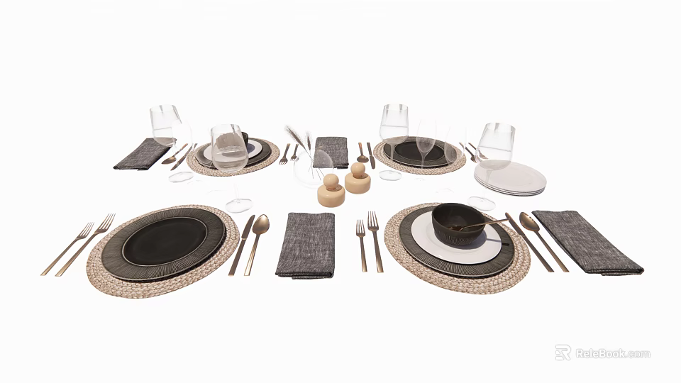 Modern Dinnerware Set With Black Plates Woven Placemats Gray Napkins Glasses And Utensils 3d model 