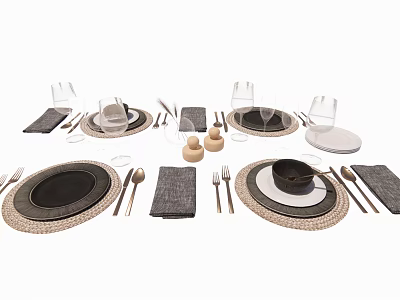 Modern Dinnerware Set With Black Plates Woven Placemats Gray Napkins Glasses And Utensils 3d model