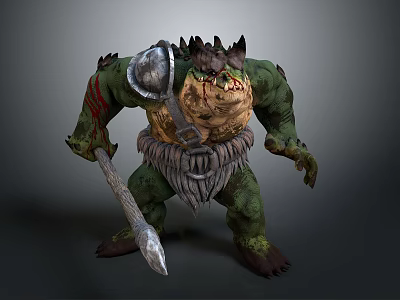 Fierce Green Skinned Fantasy Monster With Spiked Armor Battle Axe And Blood Stains 3d model