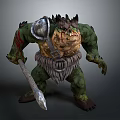 Fierce Green Skinned Fantasy Monster With Spiked Armor Battle Axe And Blood Stains