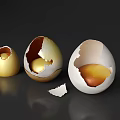 Golden Empty and Broken Egg Shells Showing Yolk on Dark Background 3d model