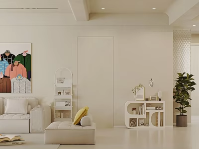 Modern Living Dining Room Interior Design With White Sofa Decorative Artwork And Green Plant 3d model
