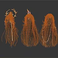 Three Stylish Long Hair Wigs Featuring Elegant Ornaments And Unique Designs