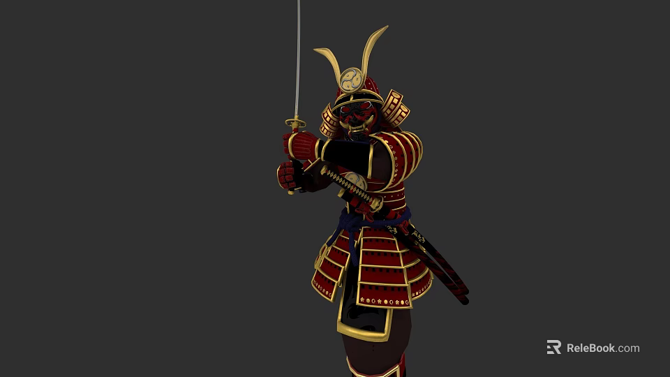 Samurai Game Character In Red And Gold Armor With Horned Helmet And Sword 3d model 