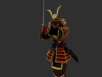 Samurai Game Character In Red And Gold Armor With Horned Helmet And Sword 3d model