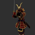 Samurai Game Character In Red And Gold Armor With Horned Helmet And Sword