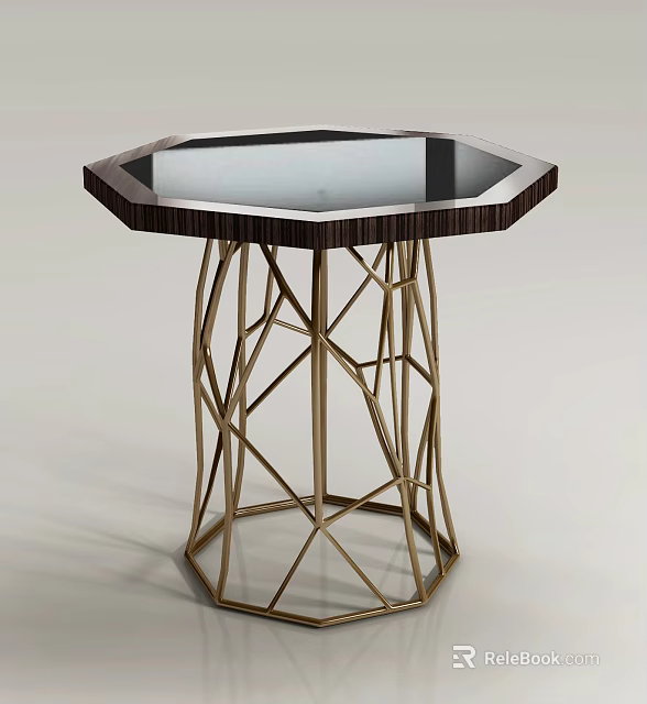 Modern Hexagonal Side Table With Black Glossy Top And Gold Geometric Metal Frame 3d model 