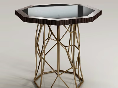 Modern Hexagonal Side Table With Black Glossy Top And Gold Geometric Metal Frame 3d model