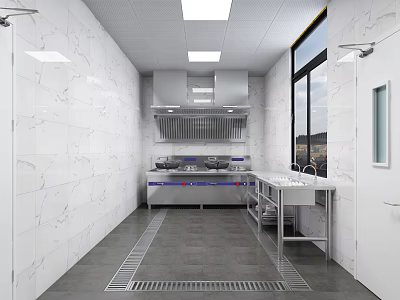 Commercial Restaurant Kitchen Interior With Stainless Steel Equipment Marble Walls And Ventilation System 3d model