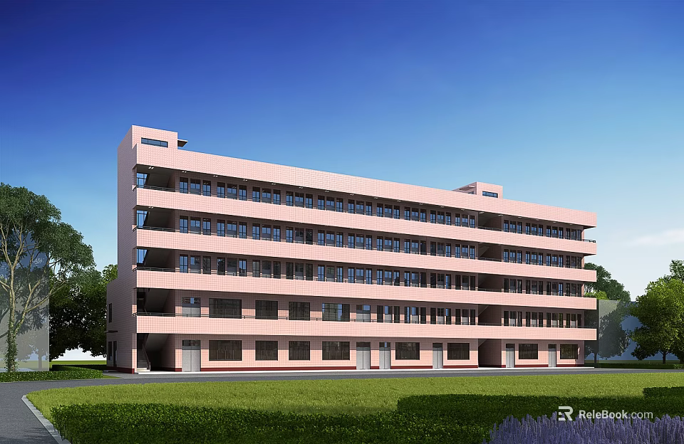 Pink School Building with Multiple Floors Many Windows Green Lawn and Trees Under Blue Sky 3d model 