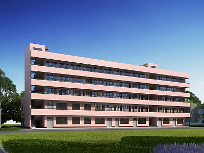 Pink School Building with Multiple Floors Many Windows Green Lawn and Trees Under Blue Sky 3d model