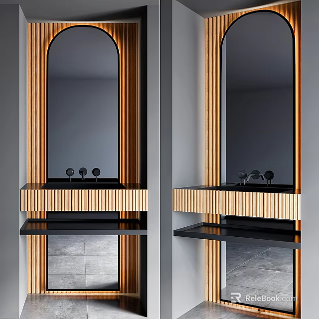 Wooden Striped Modern Wall Mounted Washbasin With Black Countertop And Large Mirror 3d model 