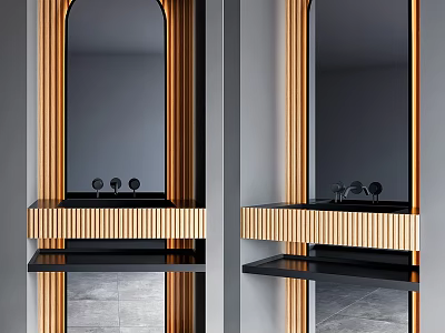 Wooden Striped Modern Wall Mounted Washbasin With Black Countertop And Large Mirror 3d model