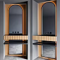 Wooden Striped Modern Wall Mounted Washbasin With Black Countertop And Large Mirror