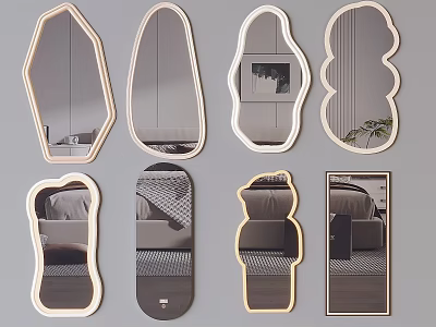 Various Shaped Decorative Mirrors With Light Frames Reflecting Living Room Interiors 3d model
