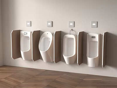 Four White Wall Mounted Urinals With Wooden Dividers In Public Restroom Interior 3d model