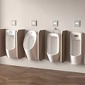 Four White Wall Mounted Urinals With Wooden Dividers In Public Restroom Interior