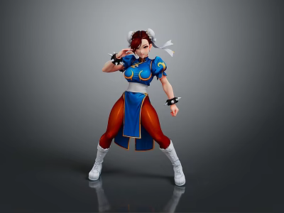 3D Female Character In Blue Outfit Red Pants White Boots Fighting Stance 3d model