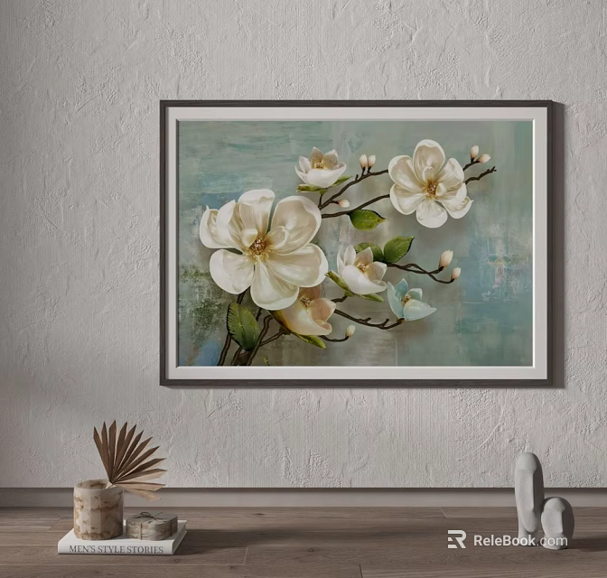 Botanical Plant Painting With White Magnolia Flowers And Dark Frame Hanging On Wall 3d model 