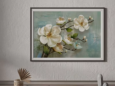 Botanical Plant Painting With White Magnolia Flowers And Dark Frame Hanging On Wall 3d model