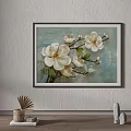 Botanical Plant Painting With White Magnolia Flowers And Dark Frame Hanging On Wall