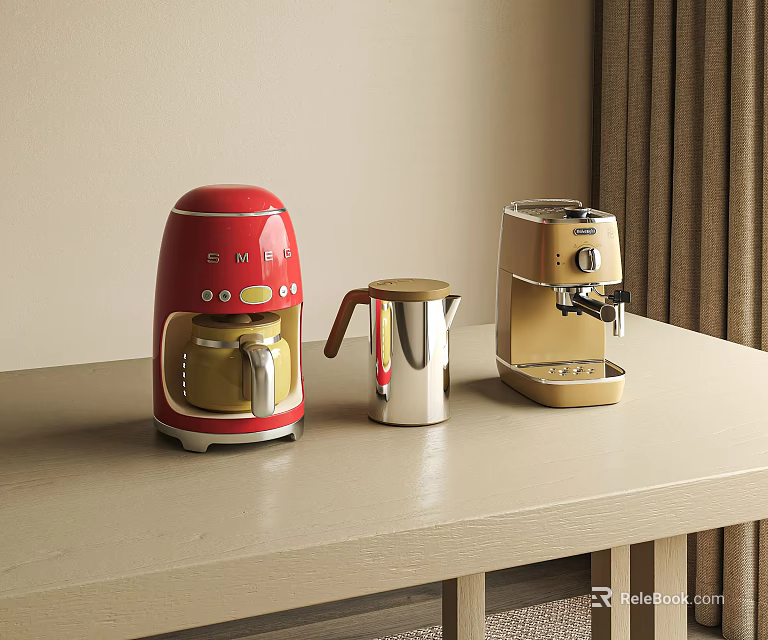 Red And Gold Coffee Makers With Silver Milk Frother On Countertop Home Appliances 3d model 