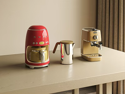 Red And Gold Coffee Makers With Silver Milk Frother On Countertop Home Appliances 3d model
