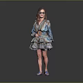 Woman In Teal Printed Dress With Large Belt Sunglasses And Blue Sandals On Grey Background