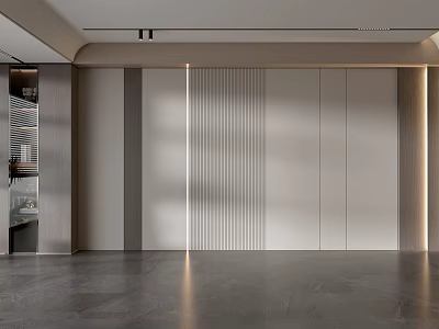 Modern Sofa Background Wall Design With Vertical Stripes Neutral Tones And Ambient Lighting 3d model