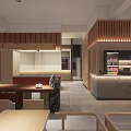 Modern Restaurant Interior With Long Wooden Tables And Colorful Wall Decorations
