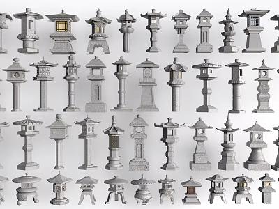 Assorted Traditional Decorative Lanterns with Stone Material and Various Designs 3d model