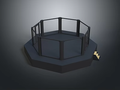 Black Octagonal Fighting Cage Structure With Fence Platform And Yellow Lightning 3d model