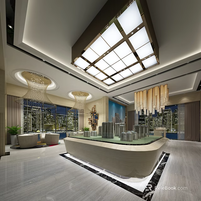 Modern Sales Office Interior With Chandeliers Model Buildings And Floor to Ceiling Windows Night View 3d model 