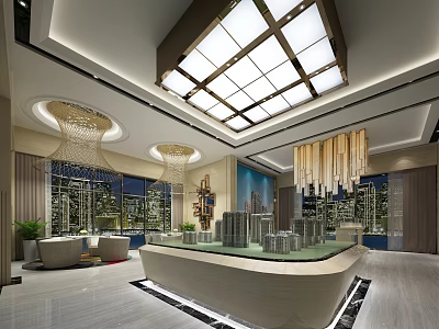 Modern Sales Office Interior With Chandeliers Model Buildings And Floor to Ceiling Windows Night View 3d model