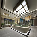 Modern Sales Office Interior With Chandeliers Model Buildings And Floor to Ceiling Windows Night View