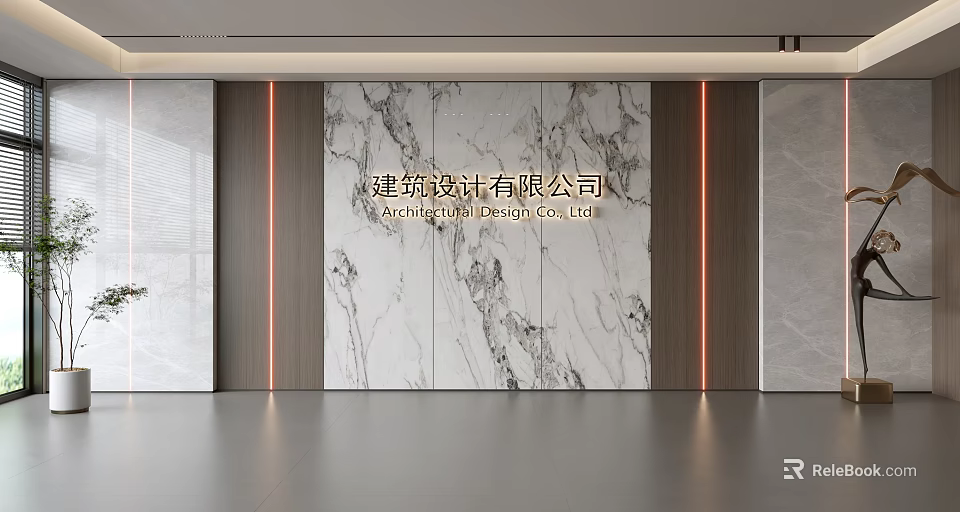 Modern Architectural Interior Marble Feature Wall With Warm Lighting And Side Panels 3d model 
