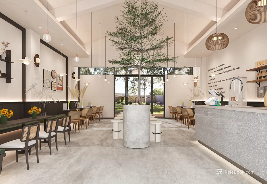 Cozy Dessert Shop Interior with Potted Tree Hanging Lights Counter and Wooden Tables 3d model 