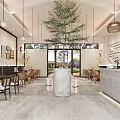 Cozy Dessert Shop Interior with Potted Tree Hanging Lights Counter and Wooden Tables