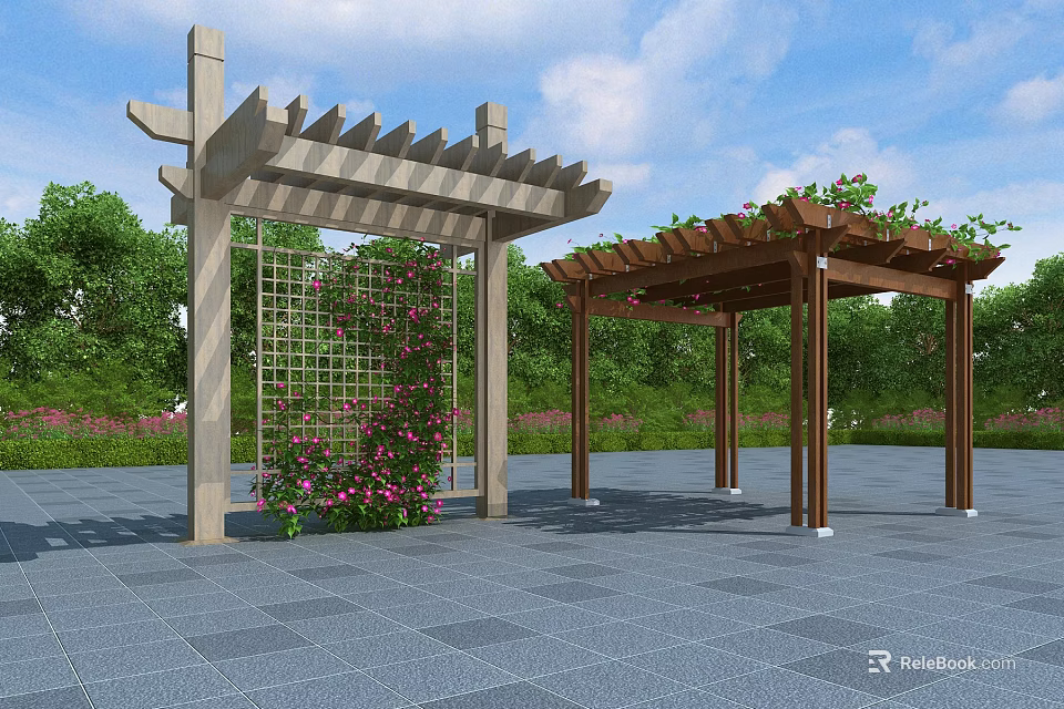 Wooden Pergola Structures In Outdoor Garden With Green Trees And Climbing Roses 3d model 
