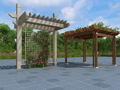 Wooden Pergola Structures In Outdoor Garden With Green Trees And Climbing Roses 3d model