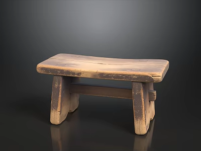 Vintage Wooden Stool With Worn Texture And Four Legs Crossbar Design 3d model
