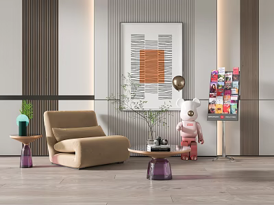 Beige Single Sofa With Side Table Wall Art Plant And Decorative Doll In Modern Room 3d model