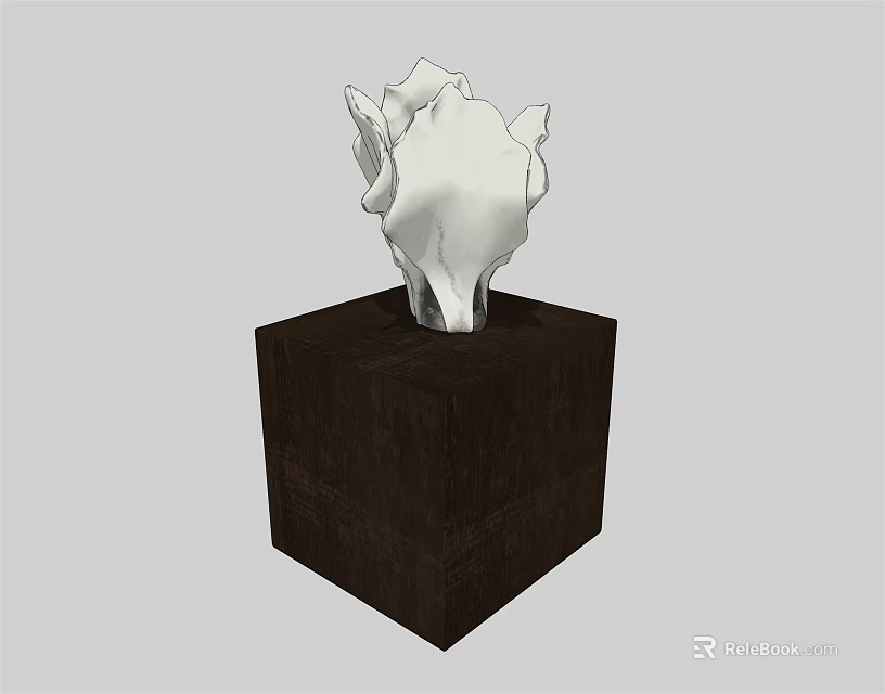 White Sculptural Flower Shaped Decorative Ornament Set With Dark Wooden Cube Base 3d model 