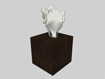 White Sculptural Flower Shaped Decorative Ornament Set With Dark Wooden Cube Base 3d model