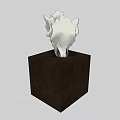 White Sculptural Flower Shaped Decorative Ornament Set With Dark Wooden Cube Base