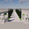 Traditional Garden Landscape Featuring Stone Lions Railings And Pine Trees On Green Lawn
