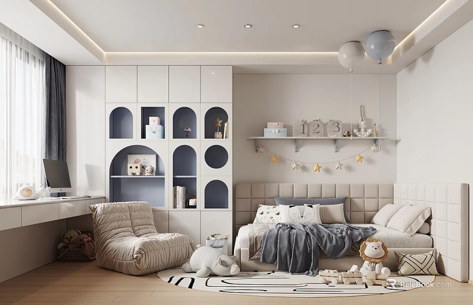 Kids Room Interior Featuring Arched Storage Cabinets Bed Stuffed Toys Decorative Shelves And Rug 3d model 