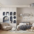 Kids Room Interior Featuring Arched Storage Cabinets Bed Stuffed Toys Decorative Shelves And Rug