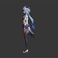 Detailed 3D Anime Fantasy Character With Blue Hair Red Horns Black Stockings And Red Shoes