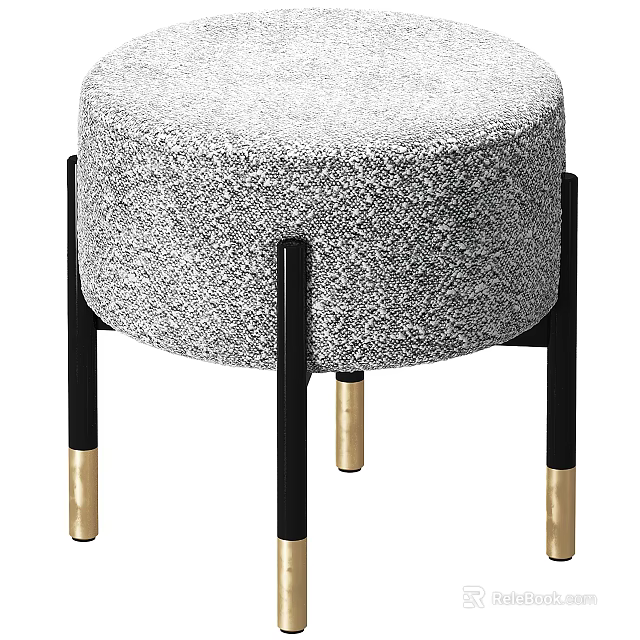 Modern Round Gray Textured Fabric Ottoman With Black Legs And Gold Feet 3d model 